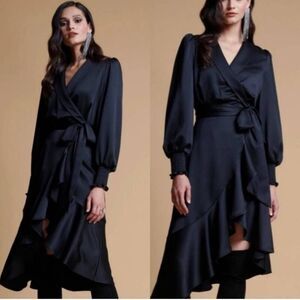 Rachel Parcell Black Satin Ruffle Wrap Dress Size XXL